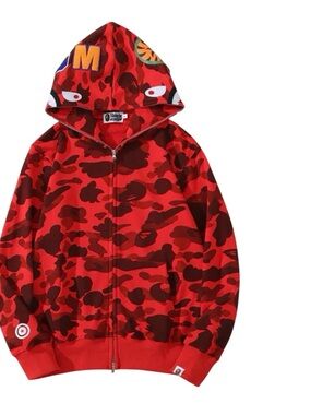 Bape Red & Dark Red Camo Zip-Up Hoodie with Eye Graphic Hood